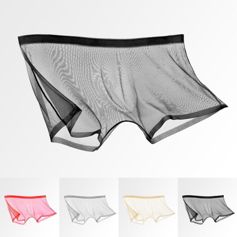 2pc Men's Thin Transparent Panties Mid-waist Mesh Sexy Boxer Shorts Capsule Pocket Breathable Nude Youth Boxers Ultra-thin