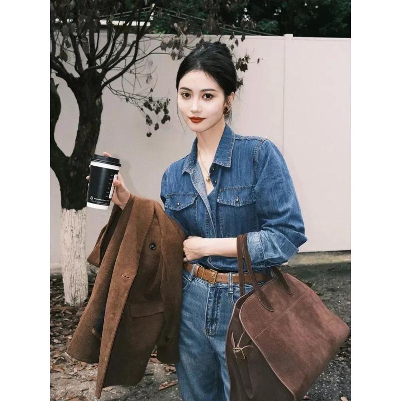 Women's Retro Hong Kong Style Washed Denim Long Sleeve Shirt - Autumn/Winter Korean Design Layering Outerwear