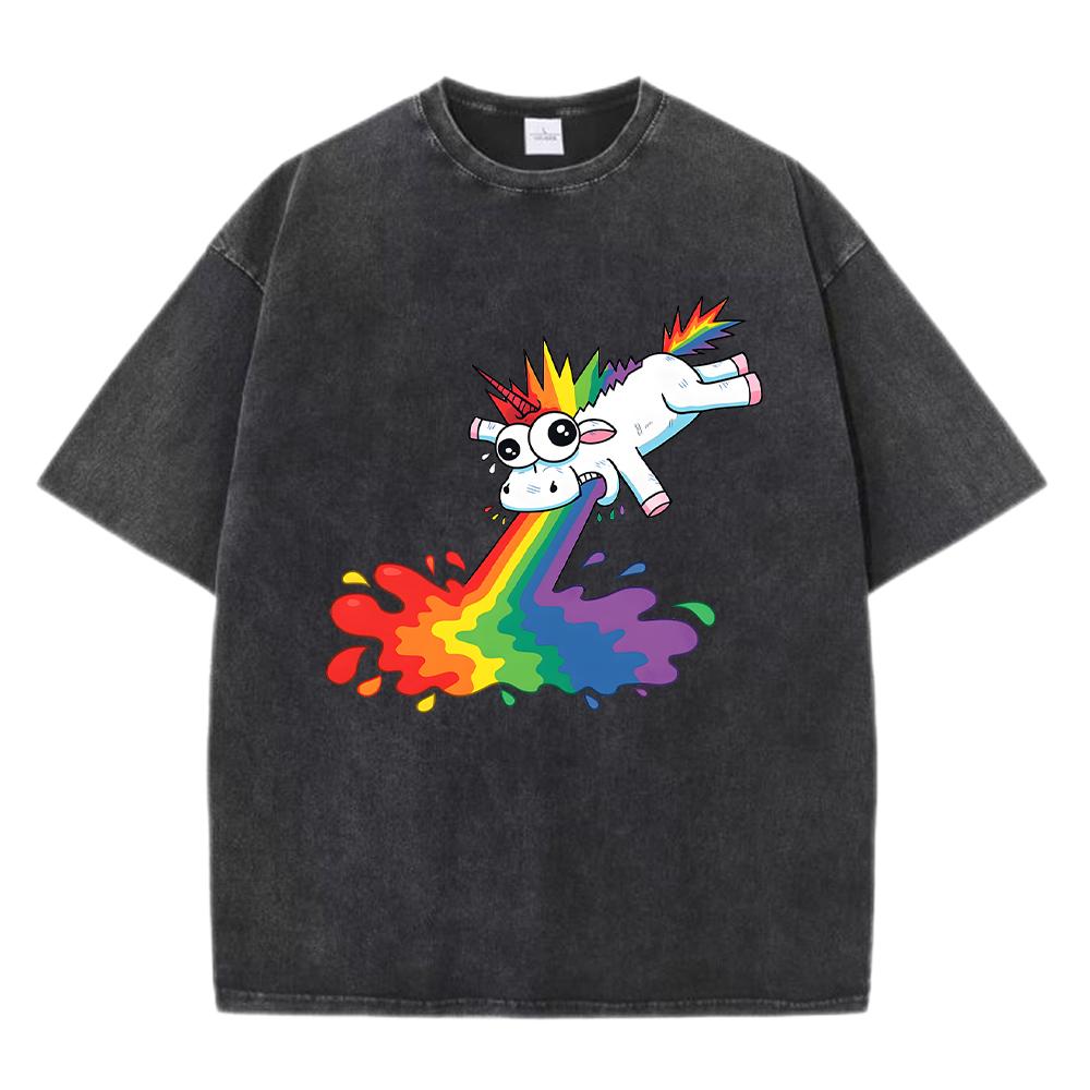 The Unicorn Spraying Rainbow Prints Washed T-Shirts Men Cotton Hip Hop T Shirt Casual Short Sleeve Soft Loose Streetwear S разноцветный