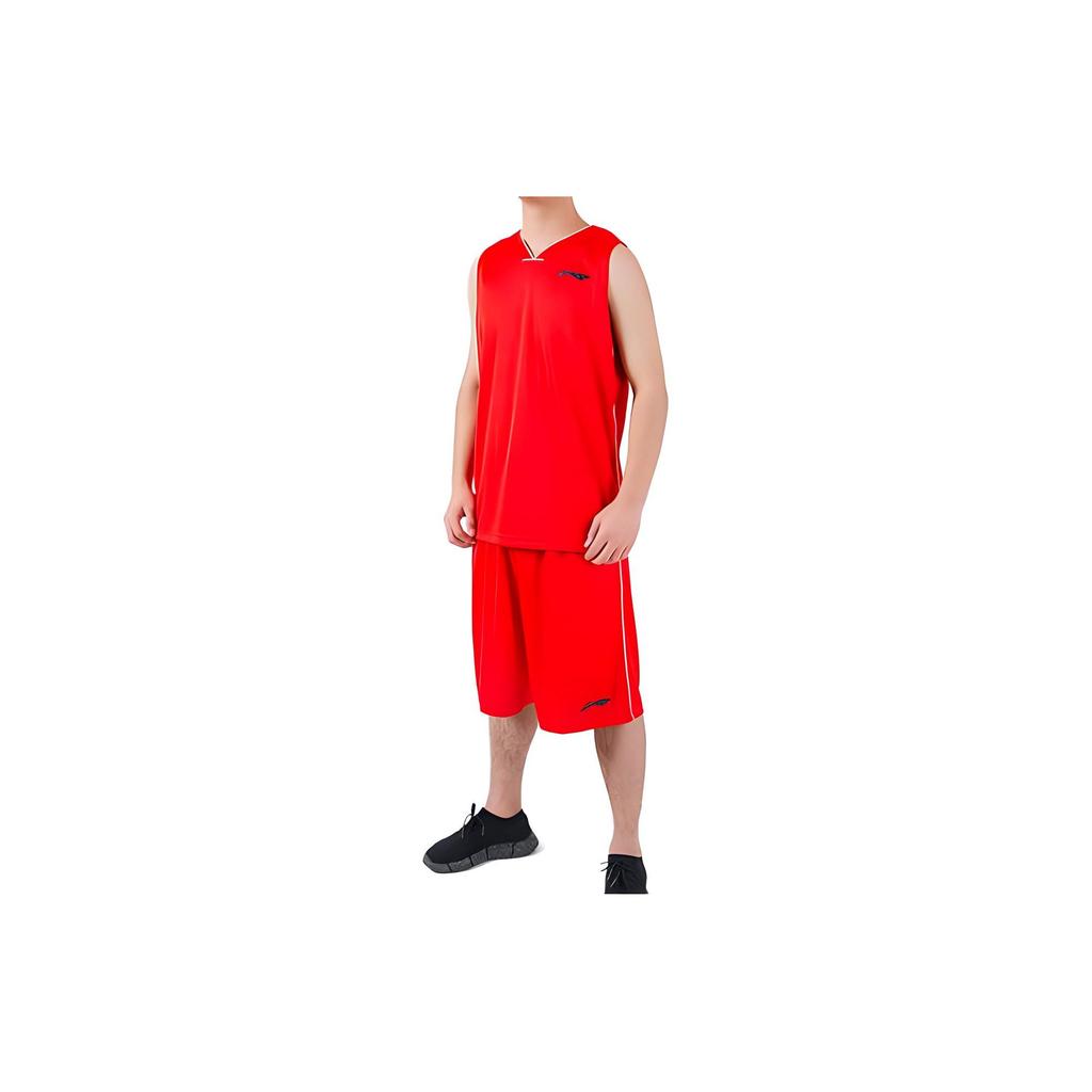 Li Ning Basketball Series Logo Print V-Neck Sleeveless T-Shirt And Elastic Waist Straight Shorts Set Men Sets Red AATN113-2