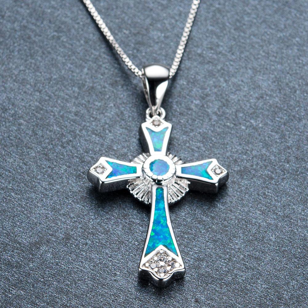 Jewelry European and American Fashion Blue and White Diamond Cross Pendant Necklace