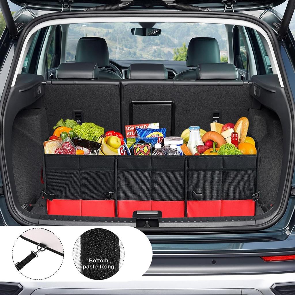 Car Trunk Organizer, Large Capacity Collapsible Cargo Organizer with Adjustable Straps Reinforced Handles, Multi-Compartment Trunk Storage Box for
