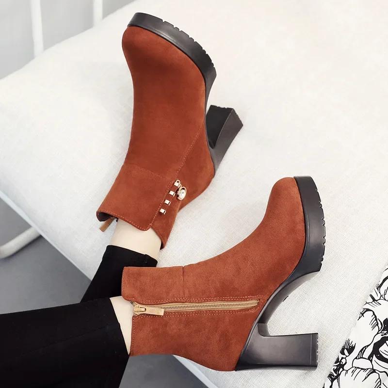 Plus Size 33-43 Quality Fuax Suede Black Block High Heels Boots Winter Shoes Women 2025 Thick Platform Ankle Botas for Office