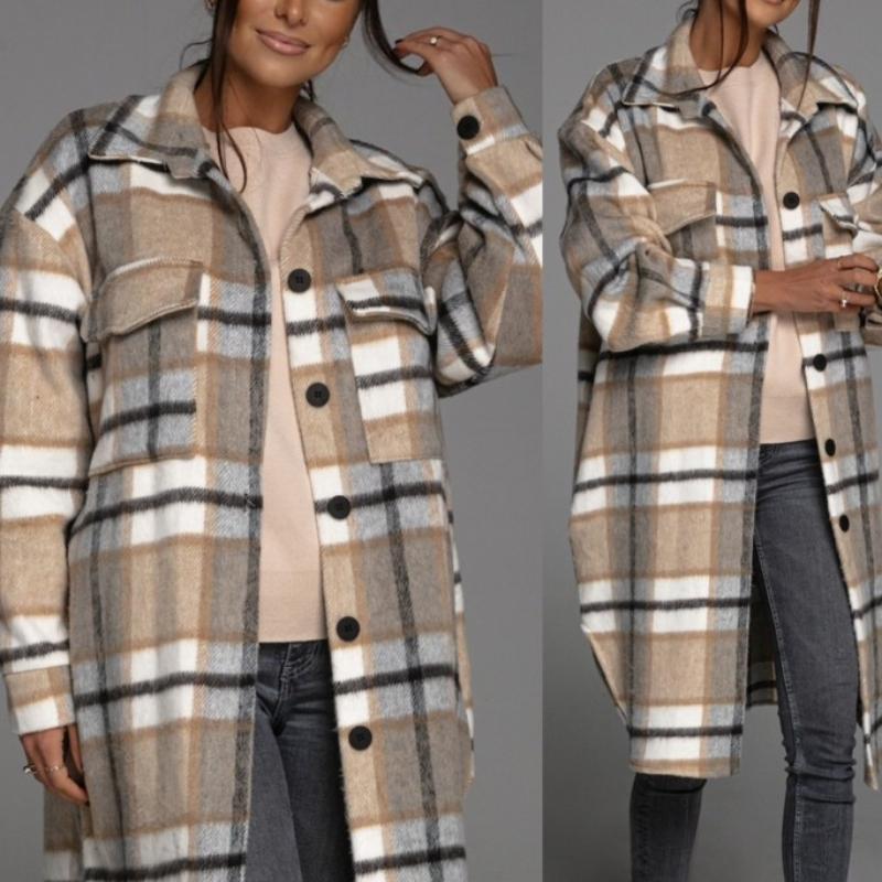 RUGOD Coat Women's Fashionable Loose Autumn and Winter New Design Plaid Stitching Pockets Long-sleeved Mid-length Cardigan