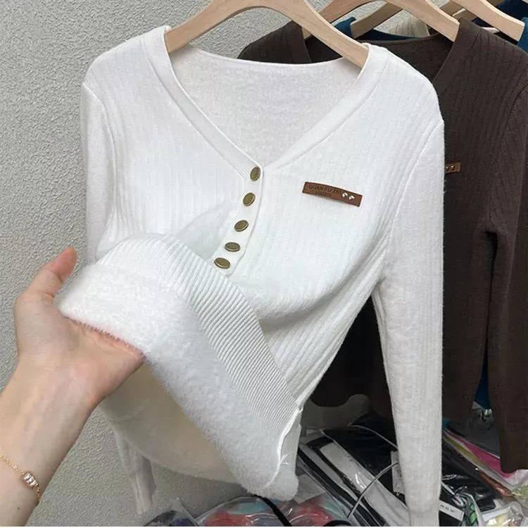 

Thicken Velvet V-neck Sweater Women Korean Fashion Lined Warm Sueter Knitted Pullover Slim Top Winter Jersey Knitwear Jumpe XXXL