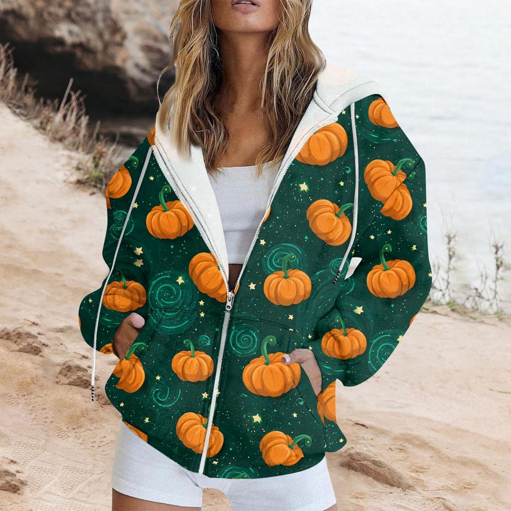 Women's Fashion Casual Halloween Printed Sweatshirt Long Sleeve With Pocket Cardigan Jacket Zipper Hoodie Coat