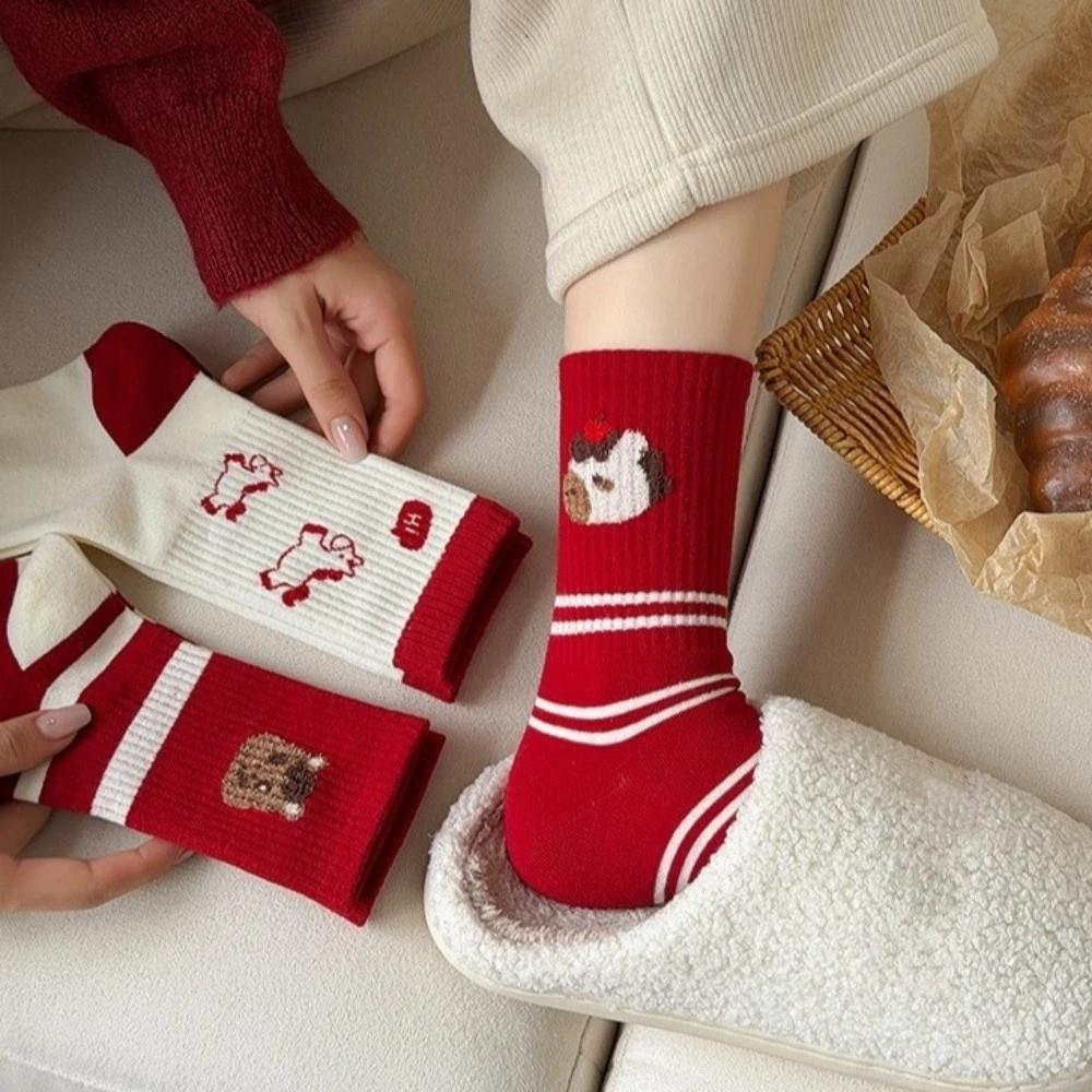 Soft Cartoon Red Socks Cotton Year of The Horse Socks Ladies Socks Zodiac Year Socks  Gift