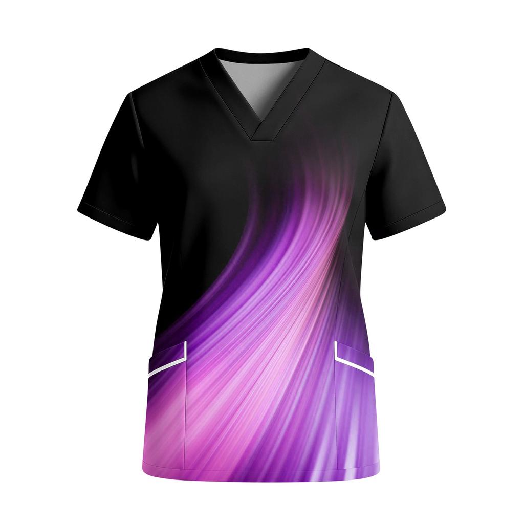 Women V Neck Short Sleeve Scrub Top with Pockets Printed Shirt for Healthcare Professionals Uniform