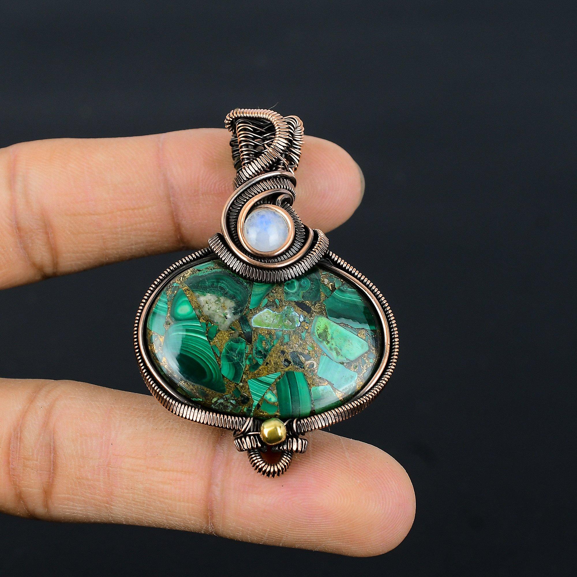 

Украшения из медного малахита, Подвеска, обернутая медной проволокой 999 пробы, Ювелирные изделия из драгоценных камней ручной работы, Подарки для жены Совершенно новая подвеска 2.55 Inches