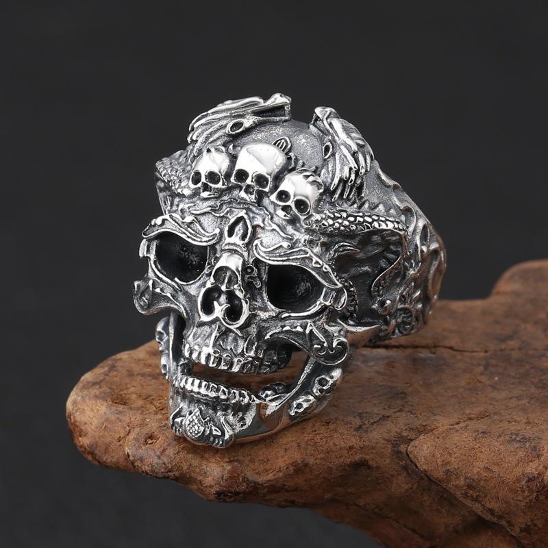Mary Retro Thai silver exaggerated domineering skull ring, Thai silver men s opening adjustment ring, popular personality Opening Adjustable