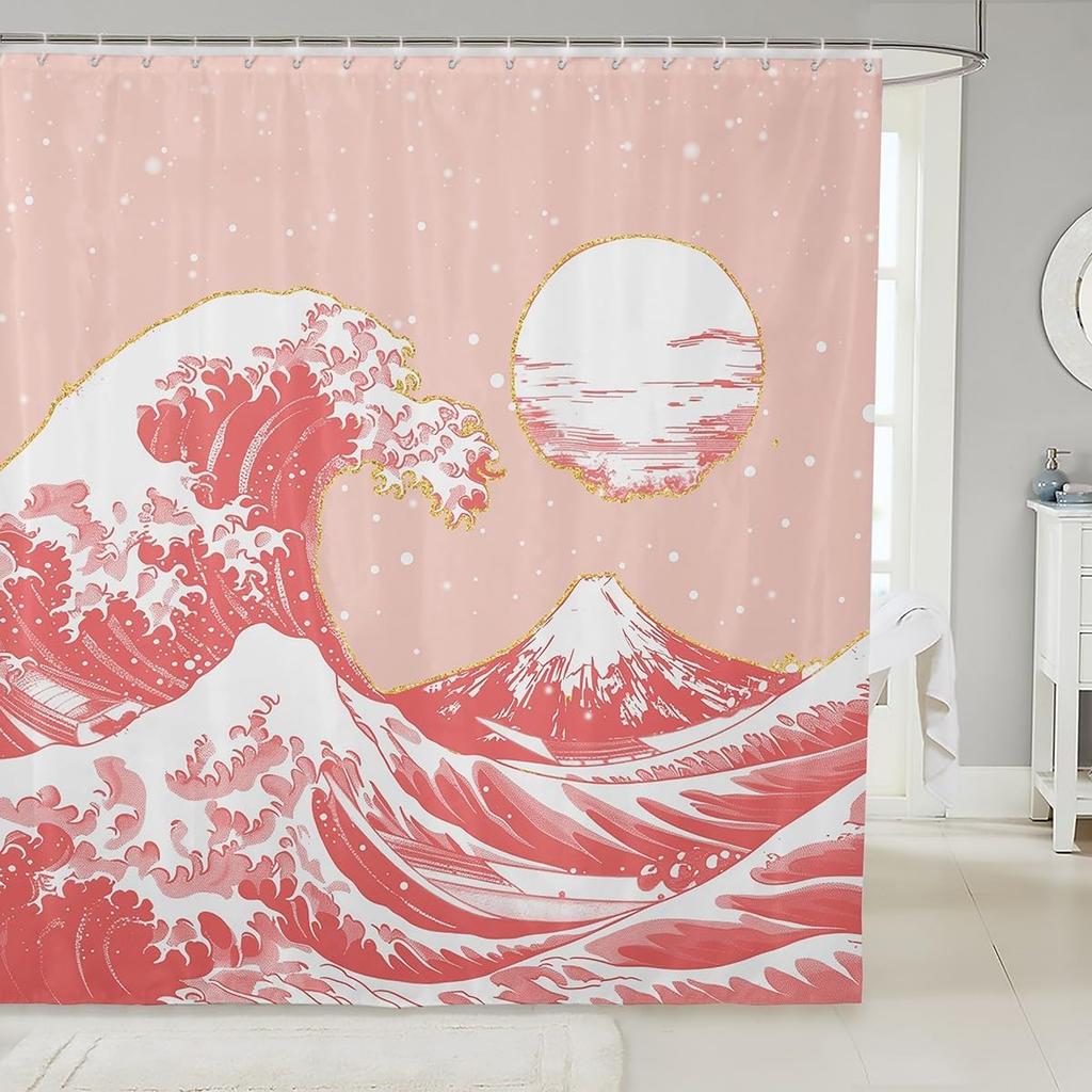 Japanese Wave Shower Curtain Kids Cherry Blossoms Bathroom Shower Curtain Set For Boys Girls Japanese Ukiyoe Theme Home Decor