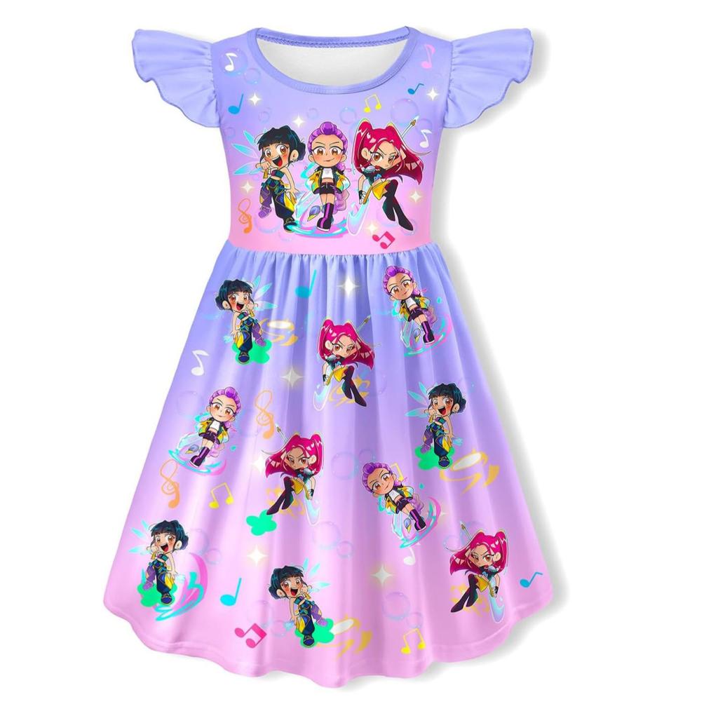 Kpop Hexenjagd Gruppe Peripherie Modisches Muster Kleid Mädchen Flatterärmel Süßes Prinzessinnenkleid Bequemes Kleid