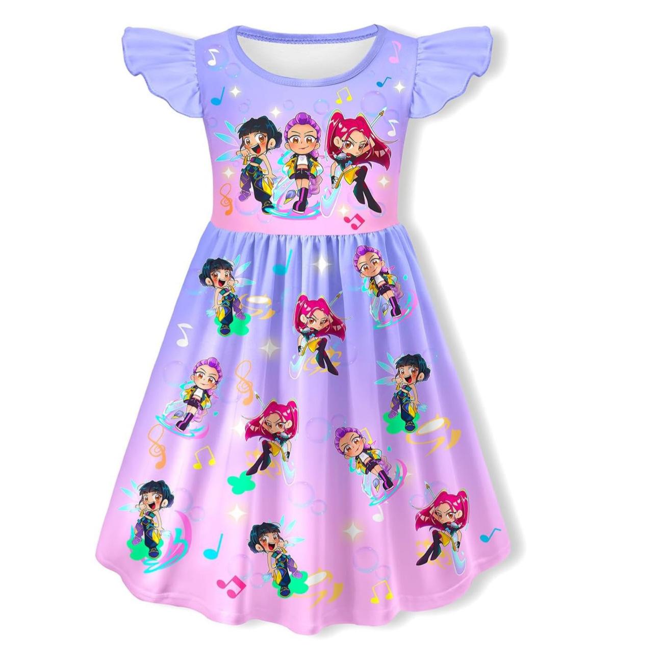 

K-pop Охота на ведьм Группа Периферийное Модное Платье с узором Девочек Летящие рукава Милое Платье принцессы Удобное платье 110 фиолетовый