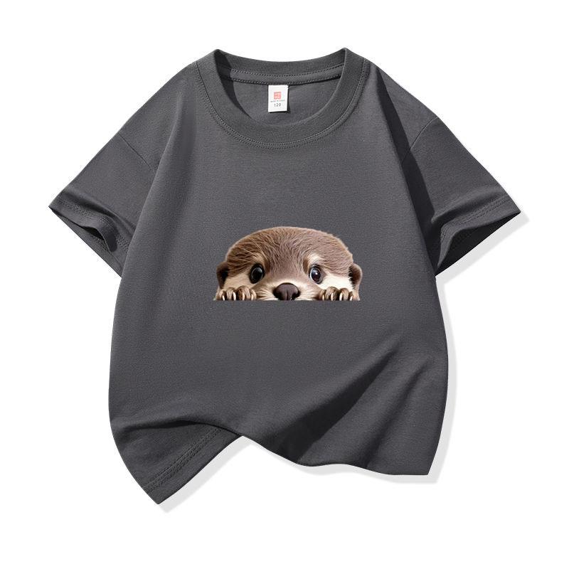Kinder Baumwoll-T-Shirt Niedlicher Peekender Otter Aufdruck Rundhalsausschnitt Kurzarm T-Shirt Lässig Atmungsaktiv Jungen Mädchen Sommer Oberteile