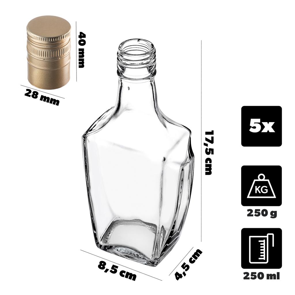 KADAX Glasflasche für Likör 250ml mit langem Schraubverschluss 5 Stück