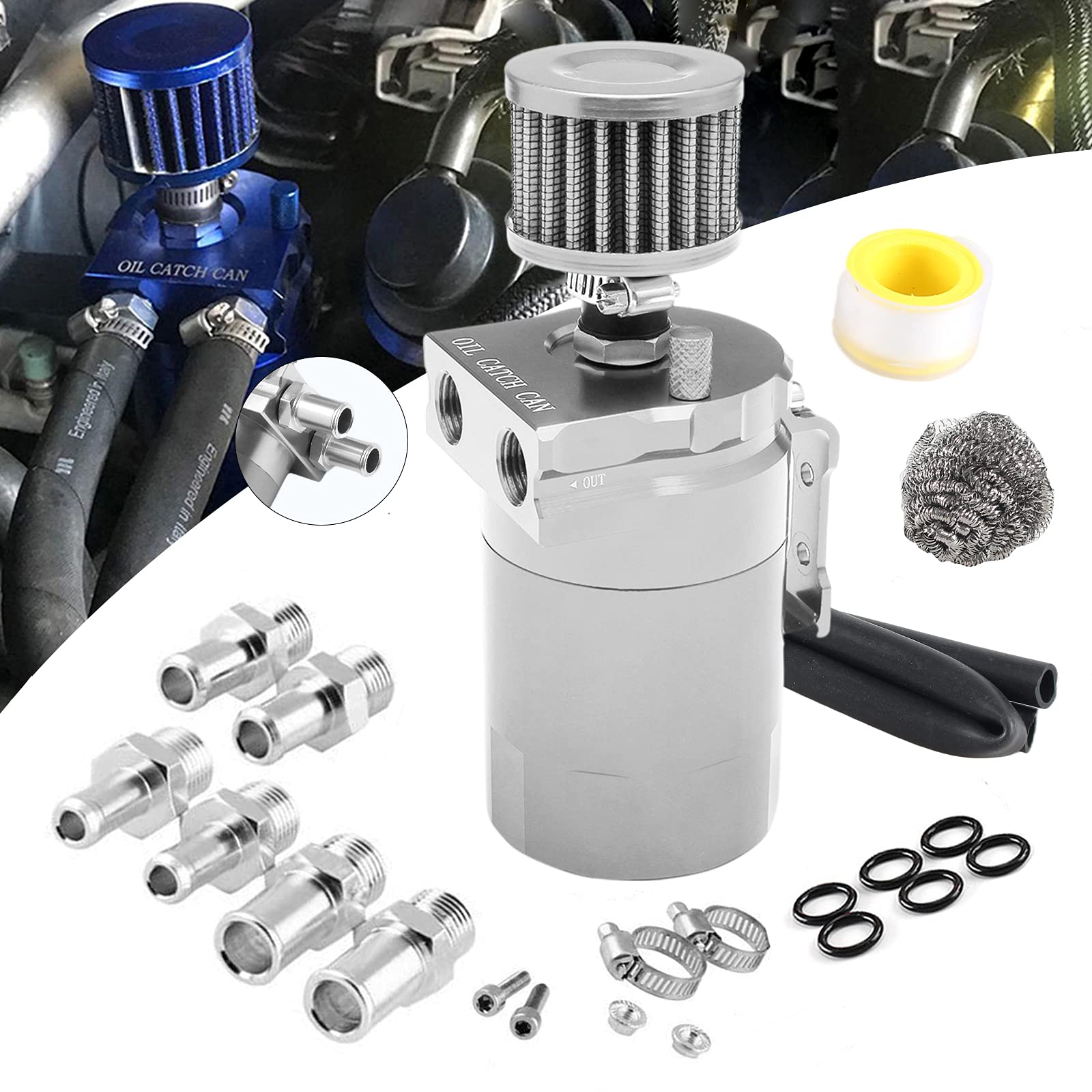 

VEHSUN Catch Tank, Aluminum, For Cars, Motorcycles, Universal Catch, Includes Freezer Filter, серебряный