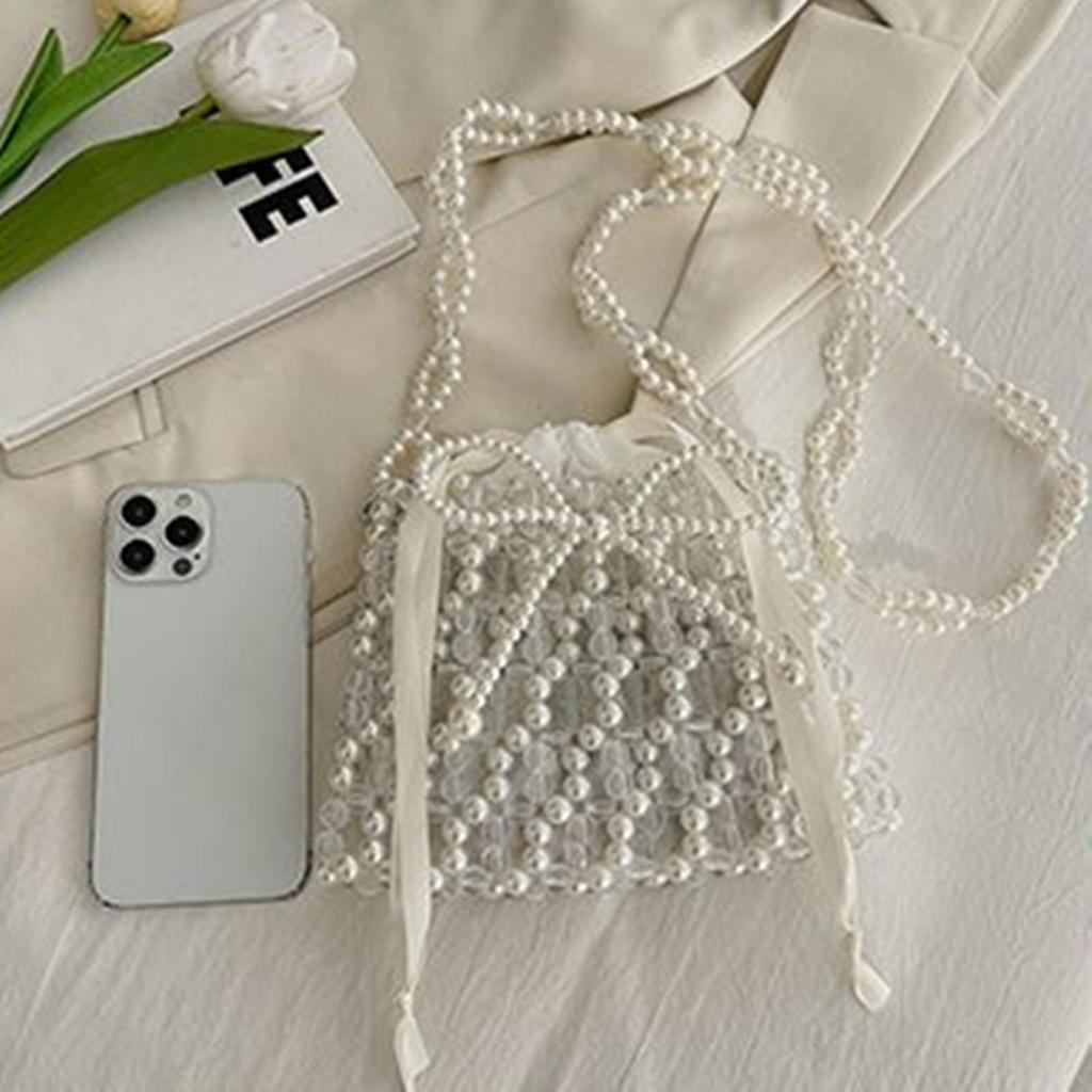 Lamerry Beaded Pearl Drawstring Bag, Wedding Shoulder Bag, Crossbody Bag, Party Bag, Yukata, Hakama, Entrance Ceremony, Graduation Ceremony, White