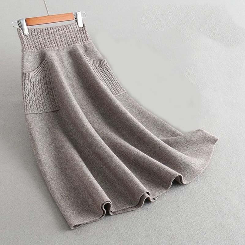 Women Fall Winter Medium Length Elastic High Waist Knitted Skirt Thick Soft Warm Solid Color Loose Big Swing Pocket A-line Skirts