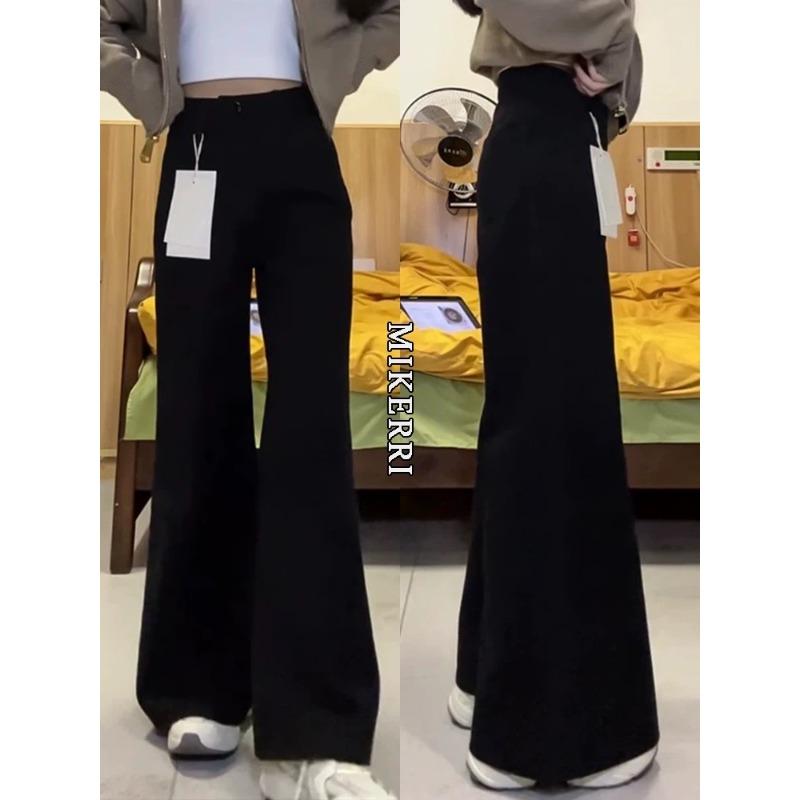 Black non-stick leg slightly pulled jeans women's spring new loose and thin pear-shaped body wide-leg pants