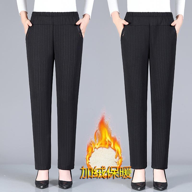 Middle-aged Women's Pants Fleece Thickened Elastic High Waist the Elderly Pants Female Grandma Pants Loose Mother Straight Pants