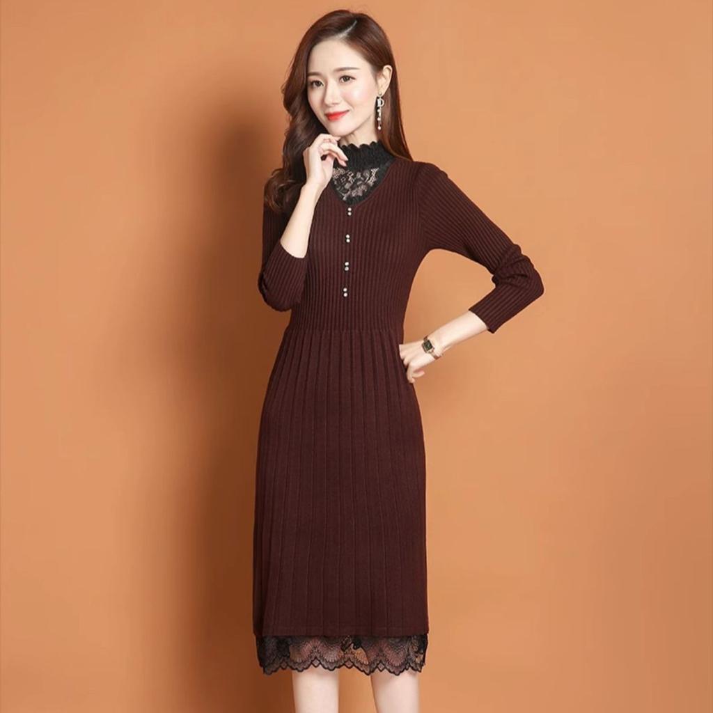 Lace Half Turtleneck Knitted Dress for Women Long-sleeved Solid-color Sweater Dress for Autumn and Winter Casual