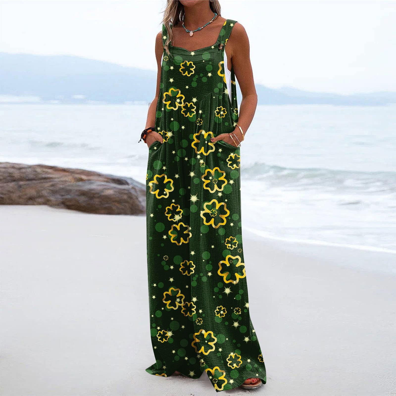 

Широкие комбинезоны для женщин, повседневные свободные комбинезоны без рукавов St. Длинный комбинезон с карманами и принтом на пуговицах ко Дню Святого Патрика XL