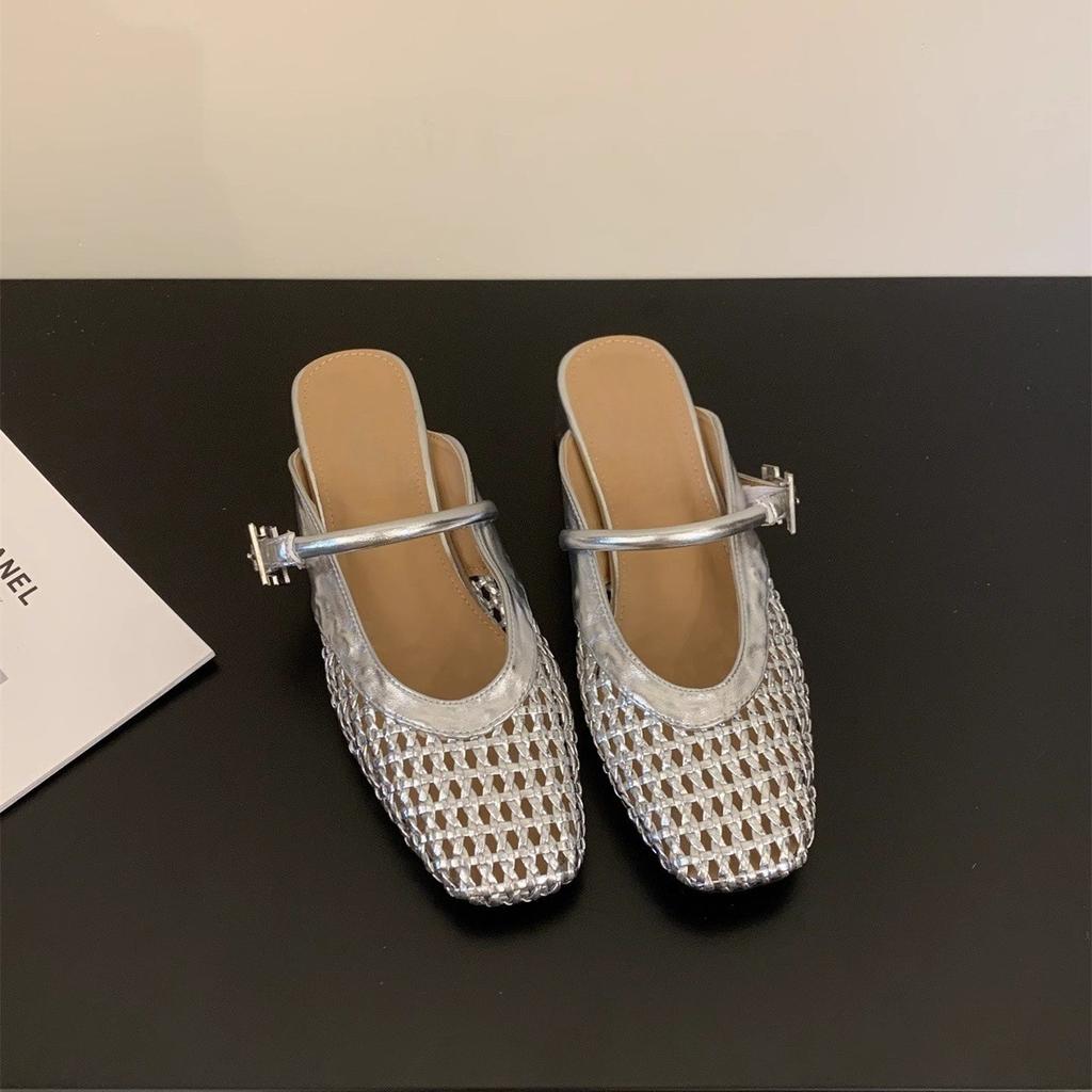 Französische handgewebte ausgehöhlte Pantoletten mit dickem Absatz Baotou halbe Hausschuhe Kinder tragen Sommer neue Mary Jane Sandalen