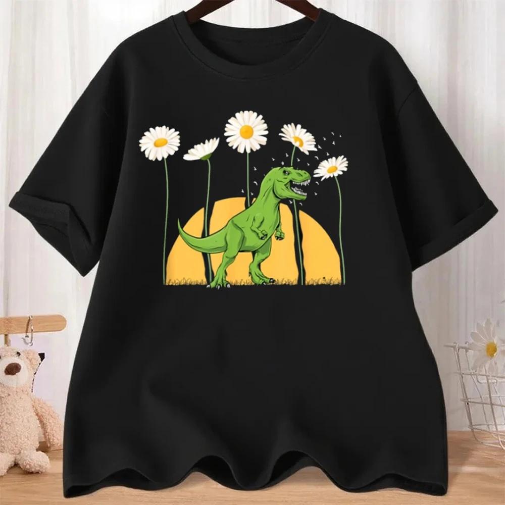 Dinosaur Spring Sunset Towering Daisy Flowers Dino T Rex T-Shirt Men Women Summer All-Match Fashion Cotton Tshirt Streetwear