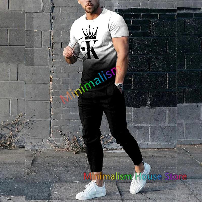 Fashion Men Trousers Tracksuit Stripe Printed Jogger Sportswear Short Sleeve T Shirt +Long Sweatpants 2 Piece Sets Men Clothes