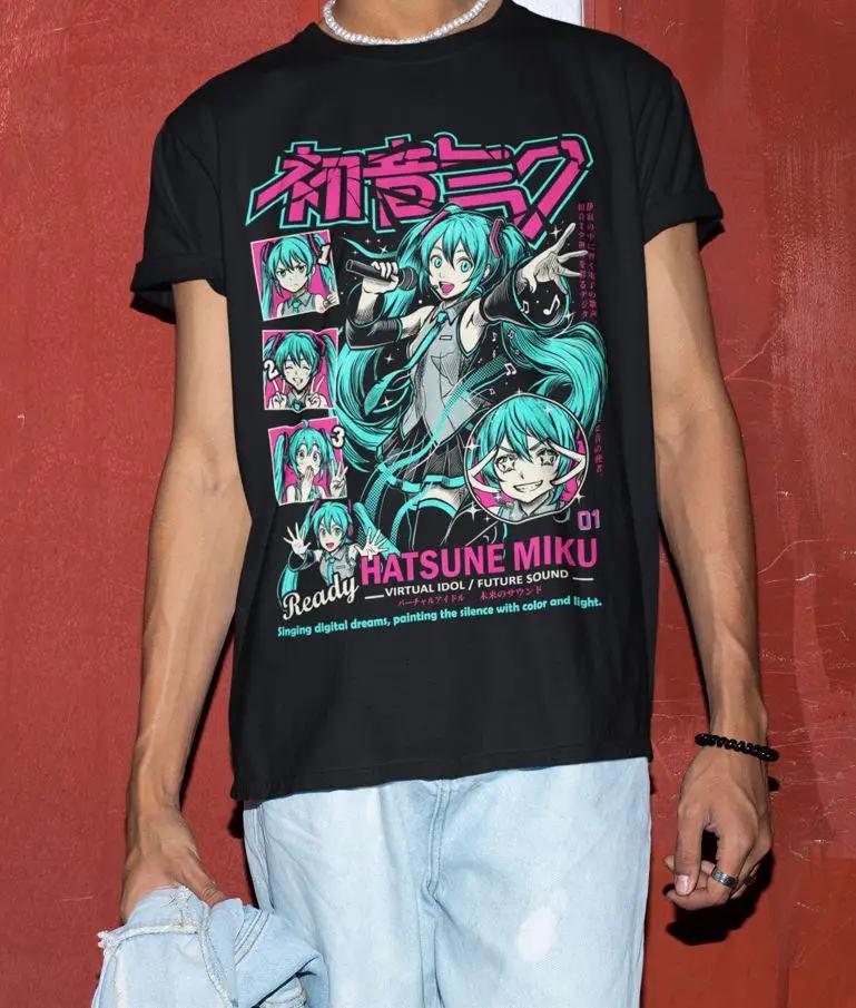 Hatsune Miku O Som do Futuro Anime Gráfico Camiseta de Algodão para Mulheres Verão 2026 Casual Estilo de Rua Manga Curta Preta