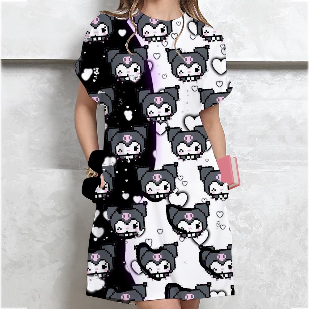 Korean-style Plus-size Hello Kitty print T-shirt Women's Summer Loose-fit Belly Covering Student Dress