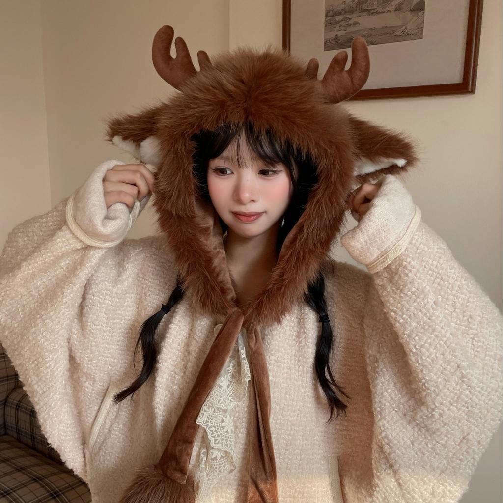 2025 Design Christmas Elk Horns Teddy Fleece Thunder Hat Women's Season Fleece Straps Ear Protectors Versatile