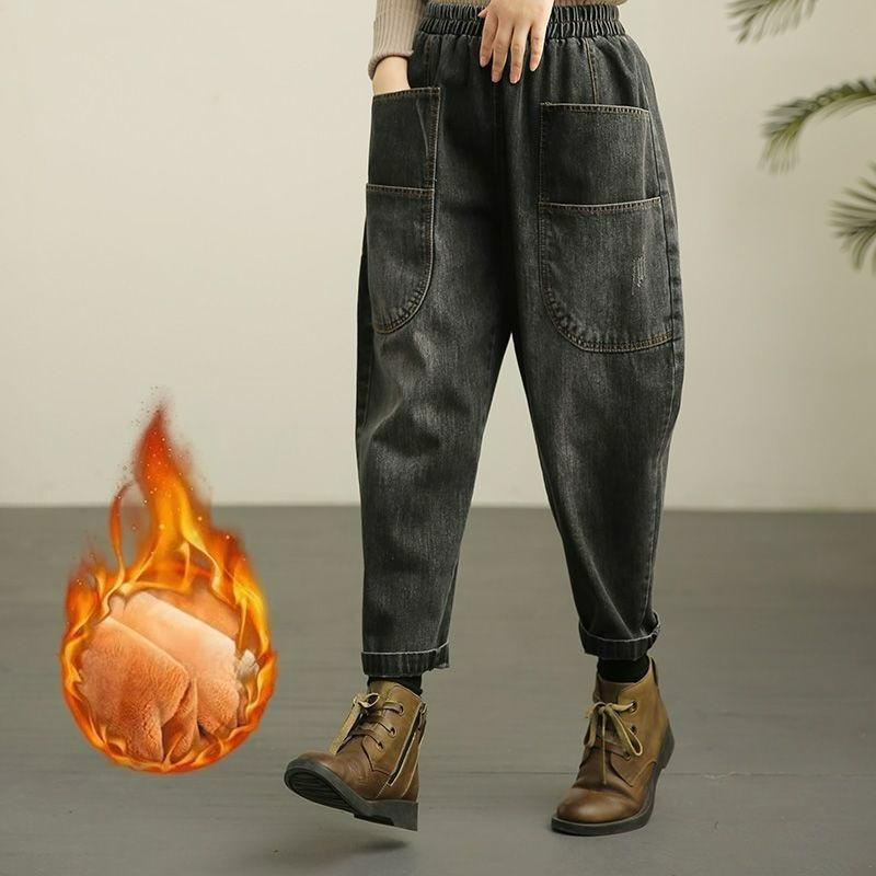 Plus Velvet Thick Elastic Waist Cropped Pants Harlan Jeans Fat MM Retro Distressed High Waist Plus Size Pants