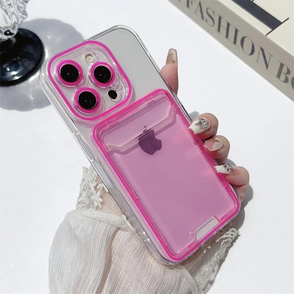 Card Holder Transparent Case for iPhone 15 14 13 16 17 Pro Max Air Plus 11 12 Double Color Wallet Soft Shockproof Cover