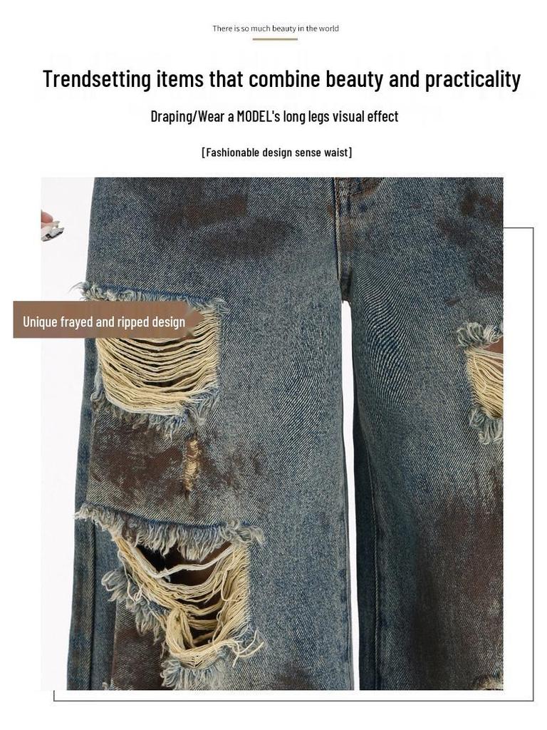 Trendy Graffiti Ripped Wide-Leg Jeans for Women - Autumn Wasteland Style