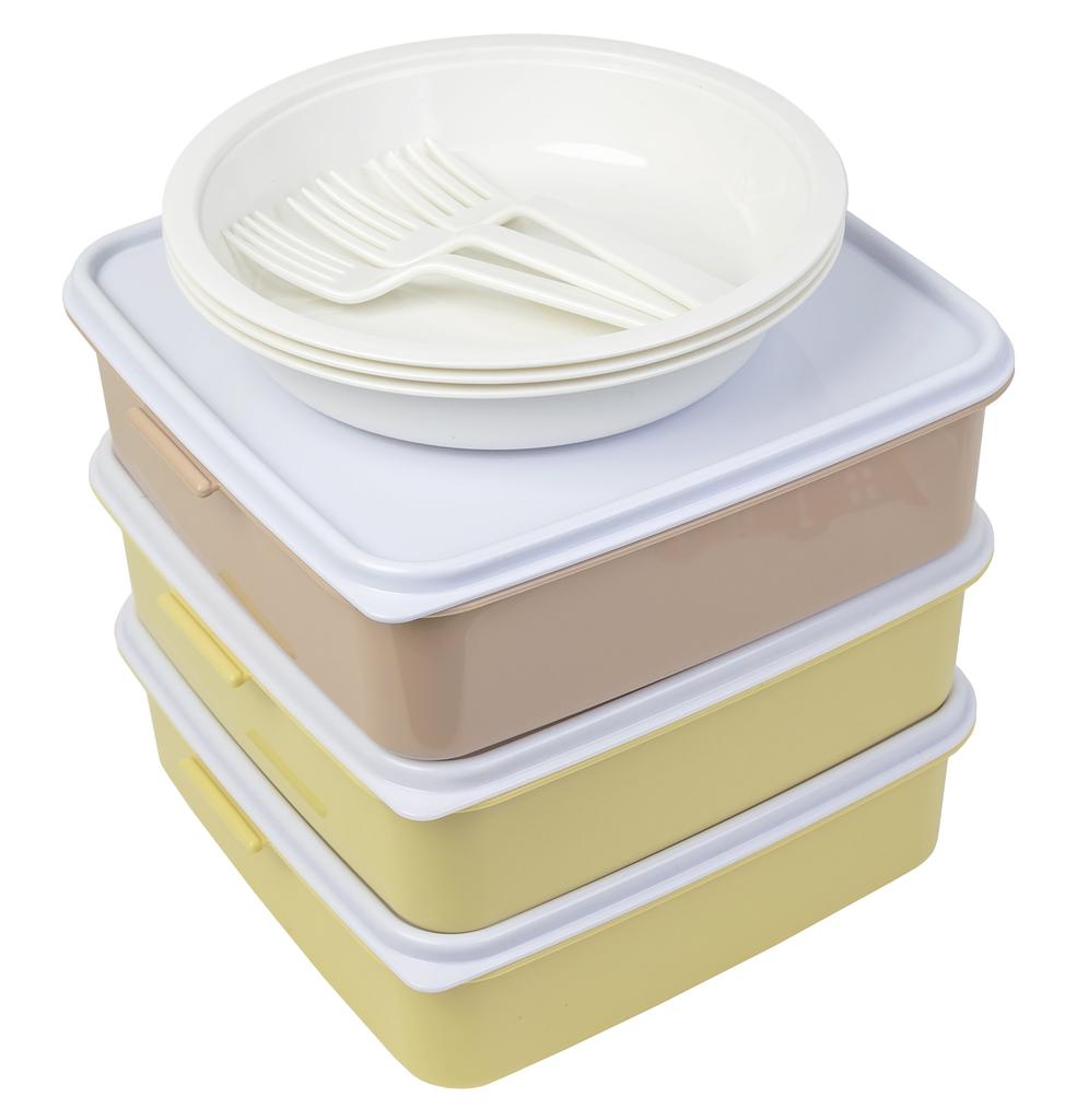Sanko Plastic Family Size Rio Pack Lunch 3 with 3 Side Earth 116987 L-Shaped Box, Tiers, Plates, Beige,