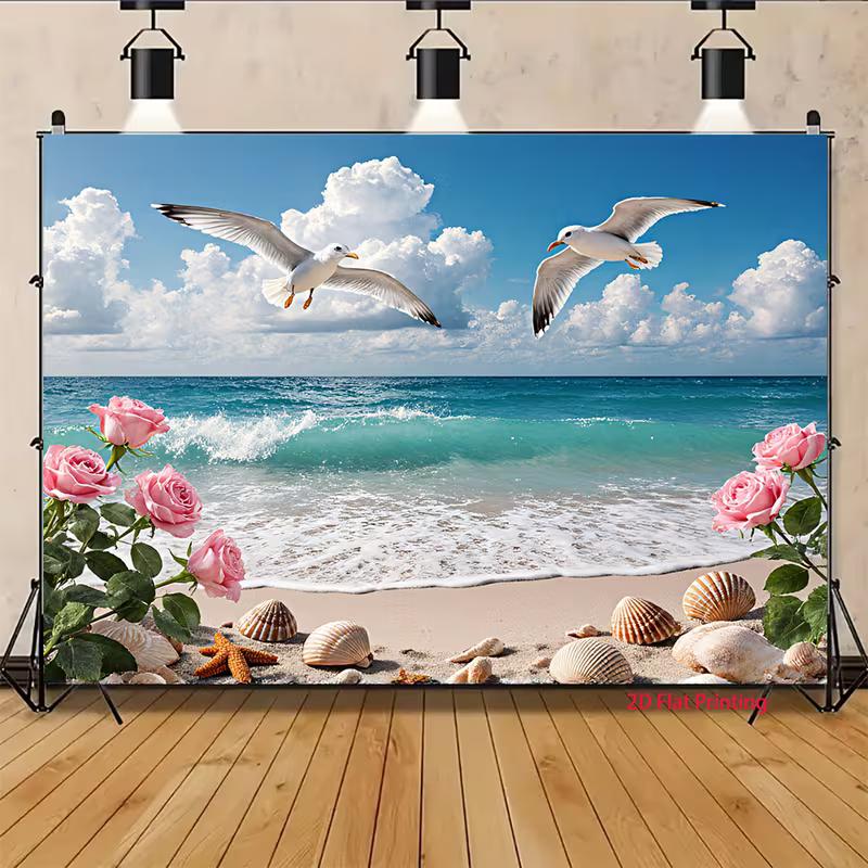 Toile de fond pour photographie de plage tropicale 2D Vague de l'océan Mouette Rose Rose Arrière-plan