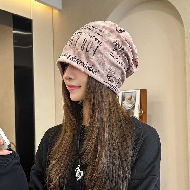 1 PC thin oversized knitted chic pile cap casual printed loose letter fashionable hat 55-59cm
