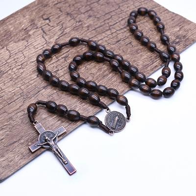 Vintage Jesus Cross Catholic Wood Beads Religiousprayer Pendant Necklace Jewelry