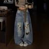 High-Waisted Wide Leg Distressed Denim Pants Men Women Streetwear Loose Fit Jeans
