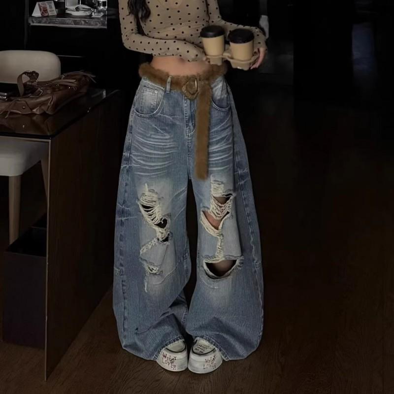 High-Waisted Wide Leg Distressed Denim Pants Men Women Streetwear Loose Fit Jeans