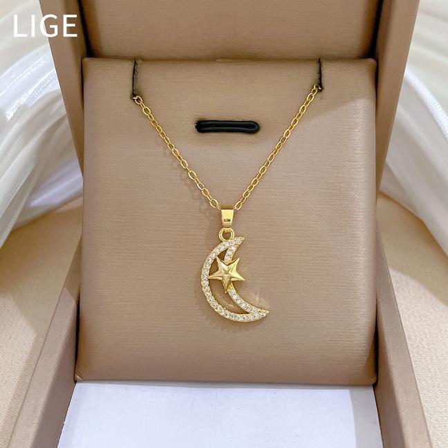 Titanium Steel Star Moon Full Diamond Light Luxury Temperament Gorgeous Full Diamond Necklace Female Versatile Collarbone Chain Titanium Steel Chain