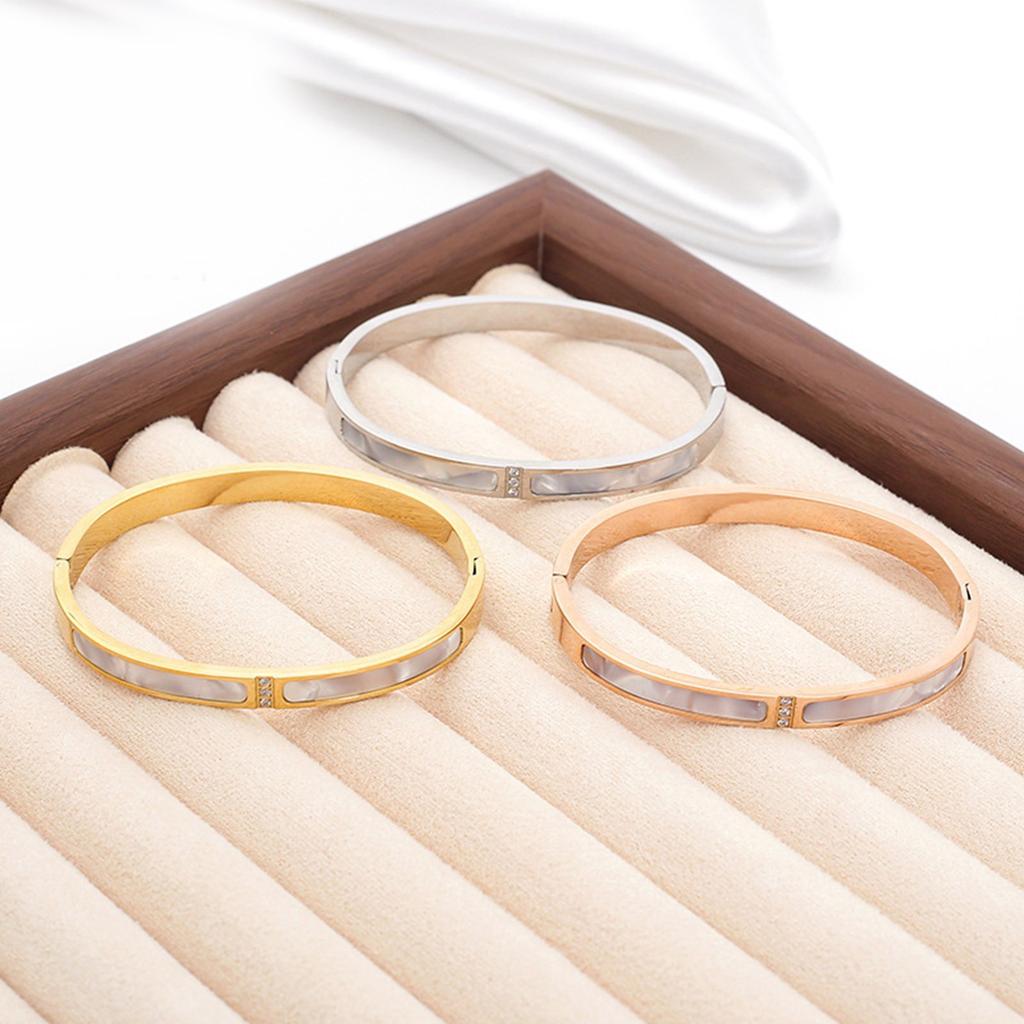 Alloy Bangle With 3 Shining Diamonds and White Shell Accent Fashion Accessory for Stylish Everyday Jewelry Pieces