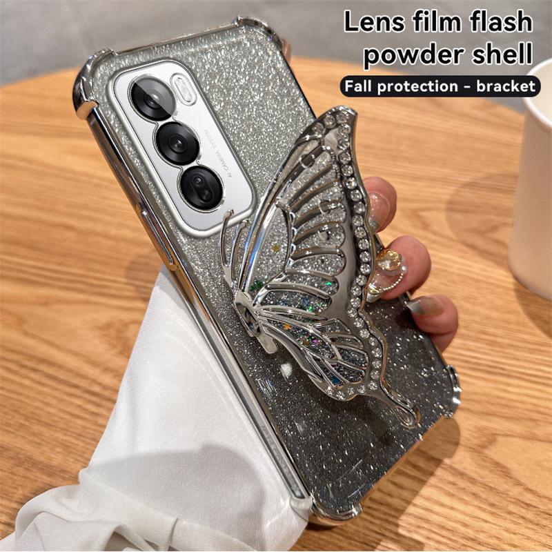 

Блестящий противоударный чехол с гальваническим покрытием и зыбучим песком с бабочкой для телефона OPPO Reno 14 14F 13 13F 12 12F 11 11F 10 Pro, силиконовая накладка Oppo Reno13 F серебряный