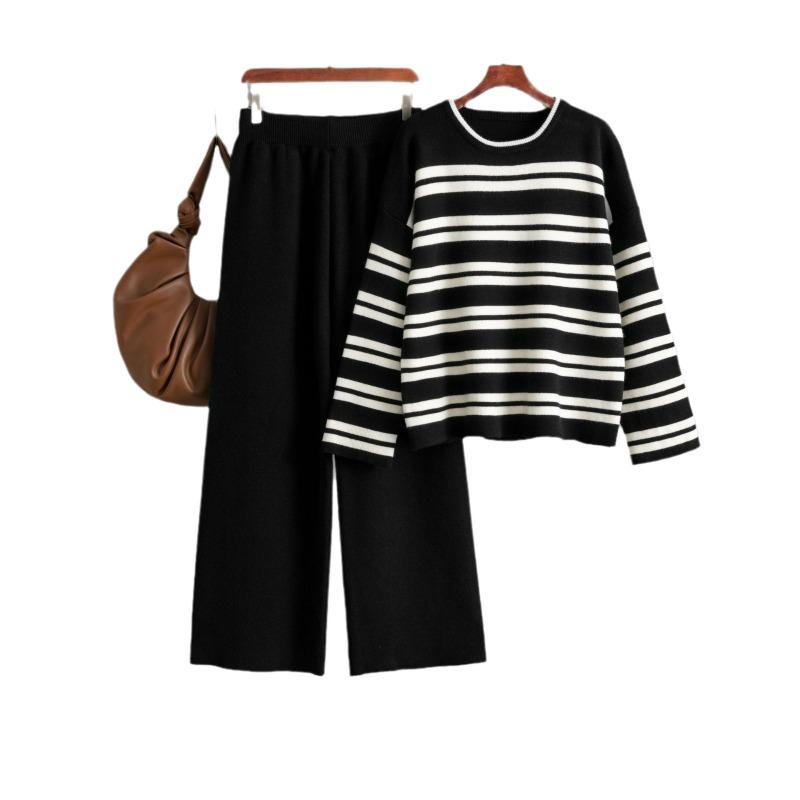 Striped sweater set autumn and winter new loose fashion casual wide-leg pants knitted two-piece set