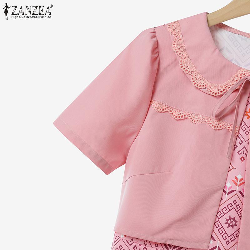 ZANZEA Women Casual Fake Two Piece Patchwork Short Sleeve Print Dress