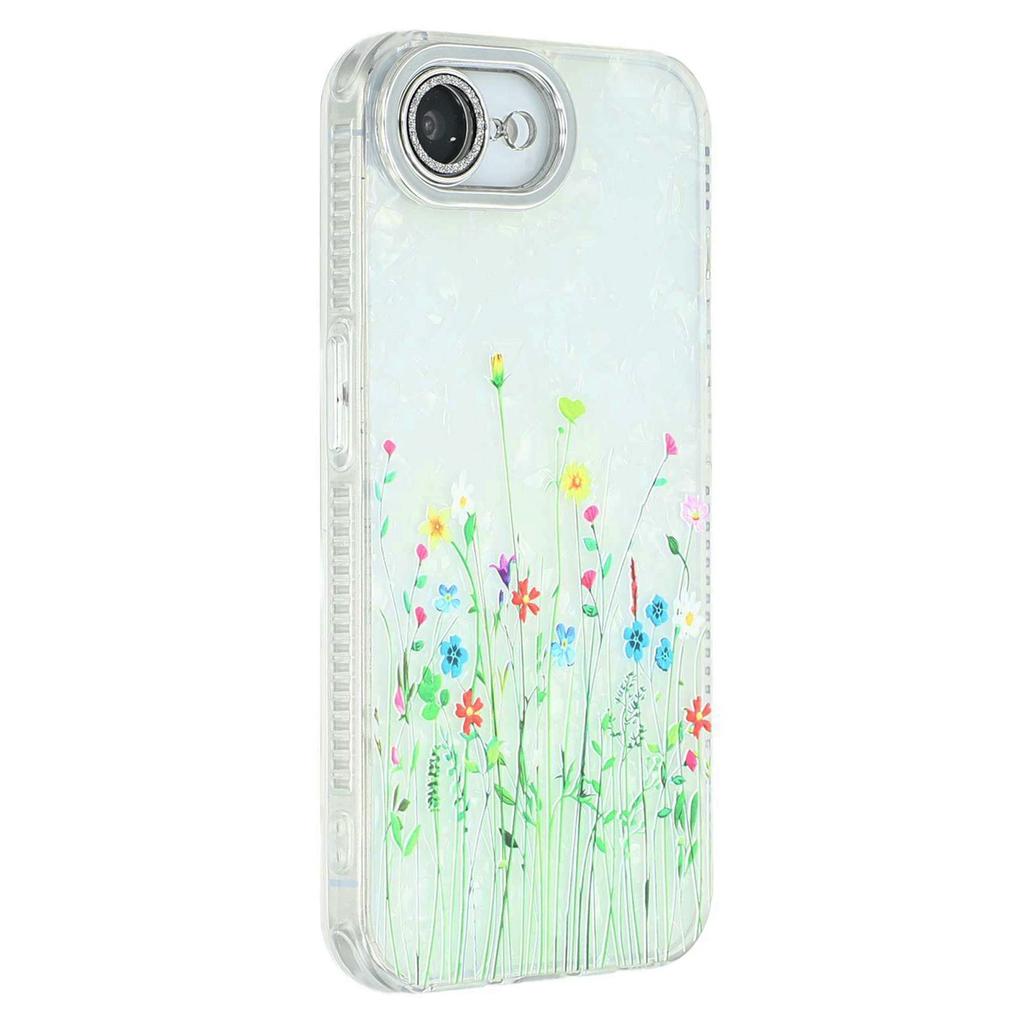 Für iPhone 16e Hülle Galvanisiertes Blumenmuster IMD TPU+PC Handy-Rückseite mit Glaslinsenfolie