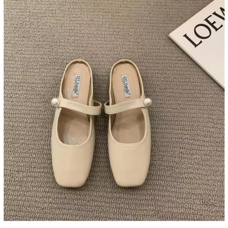 Fashion Women Slippers Fashion Flats Brand Design Square Toe Ballet Casual Basic Buckle Strap Female Dress Spring Autumn Pearl Shoes
