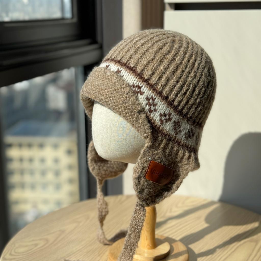 New Fair Isle Style Wool Knitted Hat for Women Korean Style Autumn and Winter Face Showing Small Warm Lace Up Ear Protection Woolen Hat