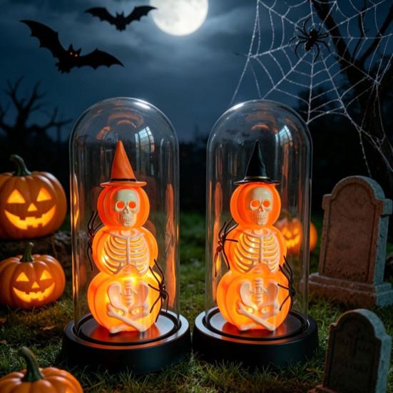 Yousheng Halloween Decoration, Lighted Skeleton in Clear Dome Cloche with Warm Glow, Battery Operated Skull Lamp with Witch Hat for Tabletop Mantel